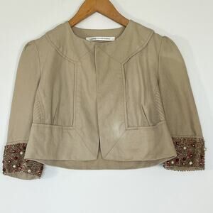 Diane von Furstenberg Remo Beaded Embellished Linen Cropped Jacket Stone Khaki